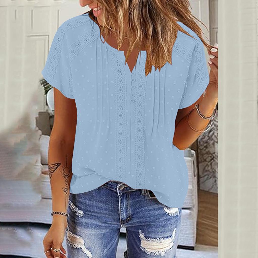 Solid Color Lace Hollow Pleated Top V-Neck Pullover Short Sleeved T-Shirt For Women