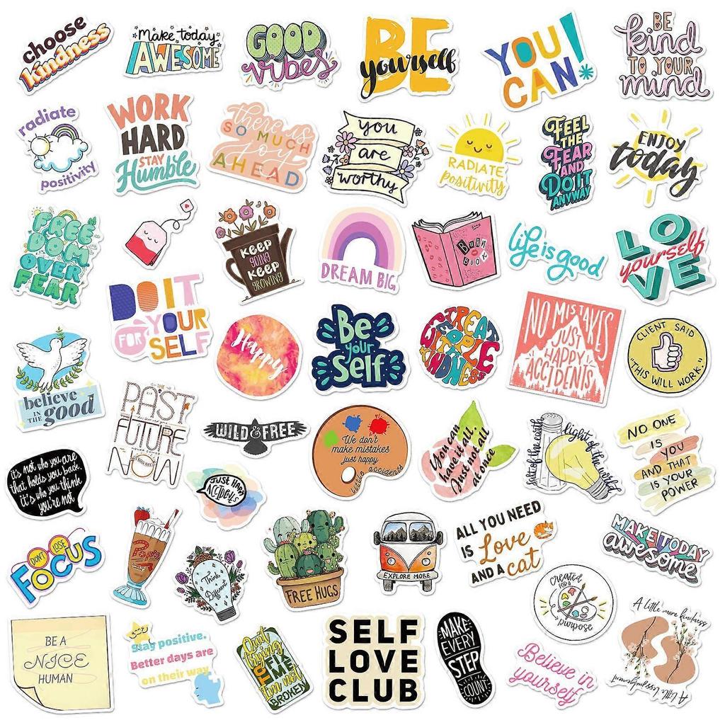 50pcs Mixed Cartoon Motivational Text Vinyl Stickers for Water Bottles Tumbler Luggage Skateboard Bumper Scrapbook Cup, Gift Sticker for Kids Teens Ad