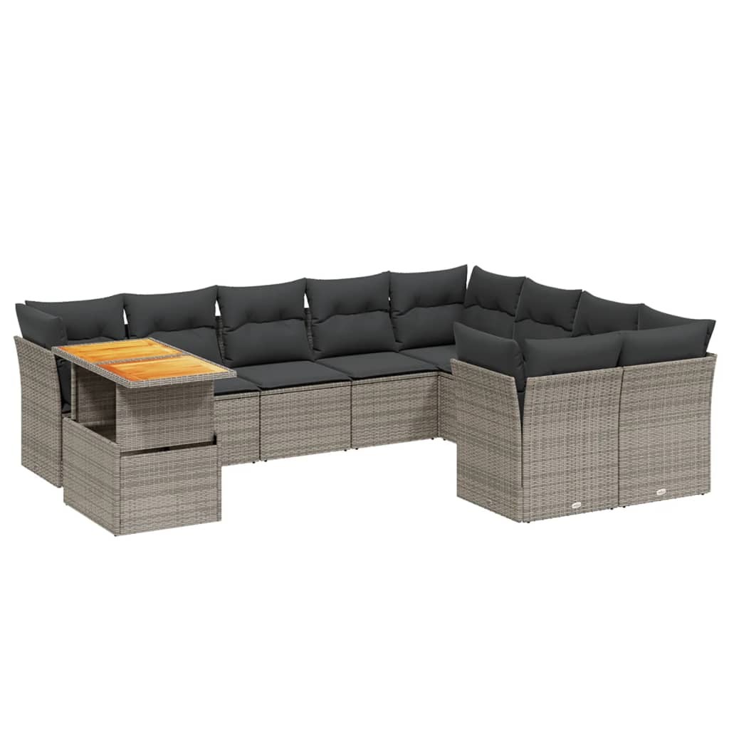 10 Piece Grey Garden Sofa Set with Cushions Poly Rattan