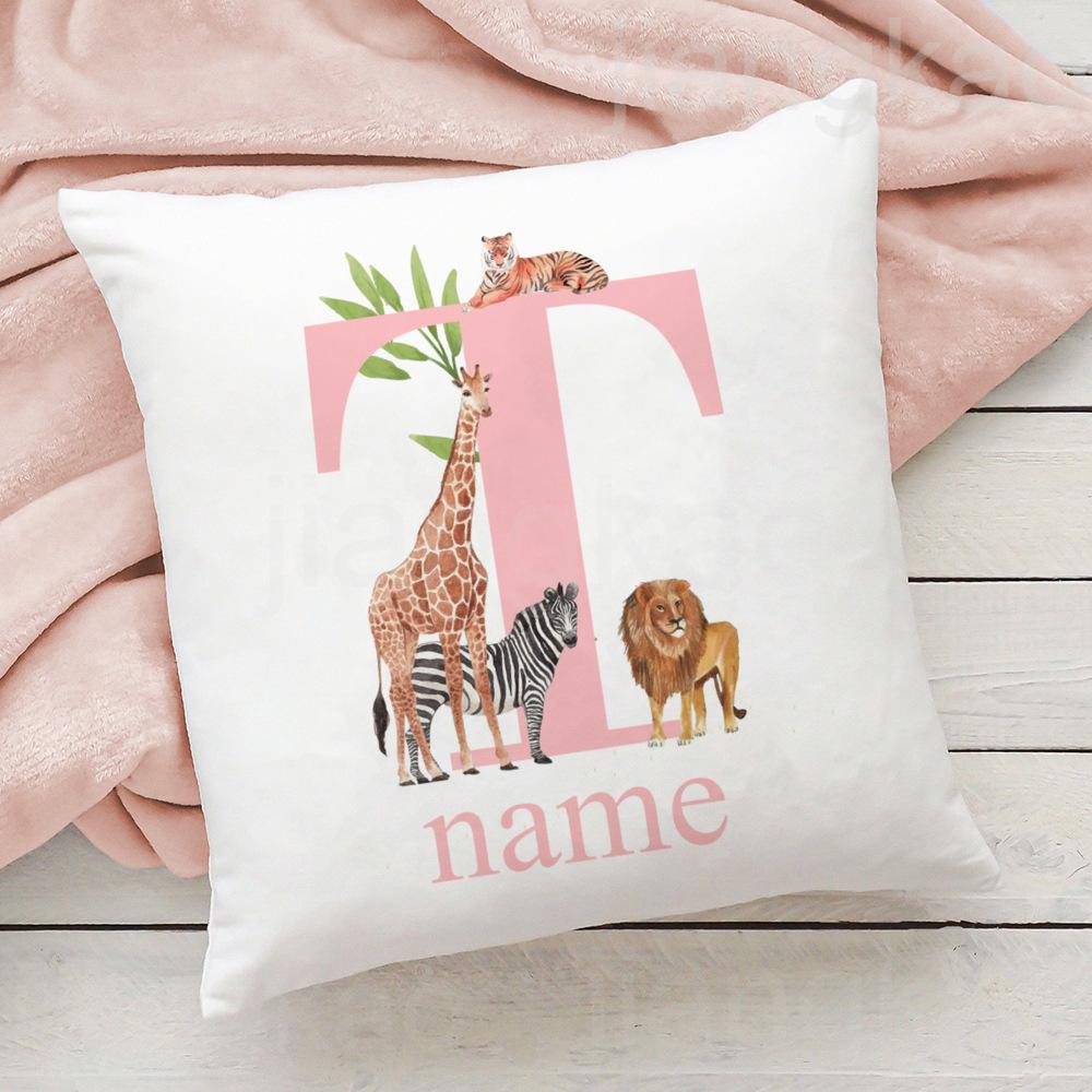 Personalized Pillow Case Initial with Name Safari Animal Pillow Cover Kids Bedroom Wild Party Decor Kids Birthday Shower Gift