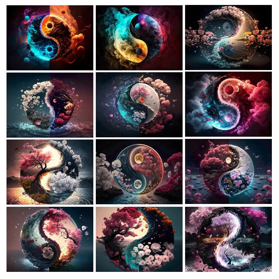 Diamond Painting New Collection 2024 Tai Chi Scenery Diy Full Square Round Drill Rhinestone Embroidery Yin Yang Sakura Tree Mosaic Cross Stitch Kits