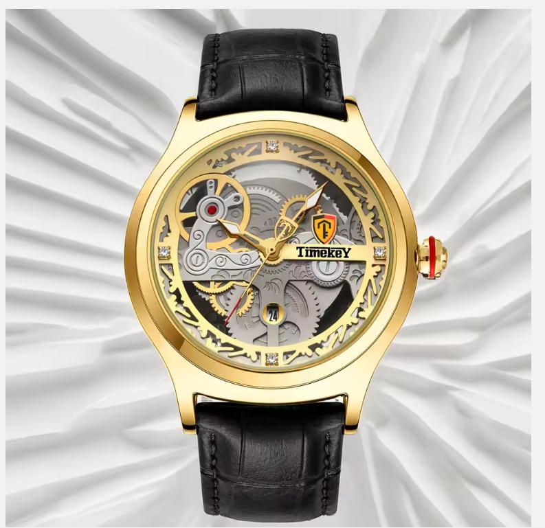 Классический механический стиль Пряжка из нержавеющей стали Скелетонизированный циферблат Завинчивающаяся заводная головка Люминесцентные мужские кварцевые часы