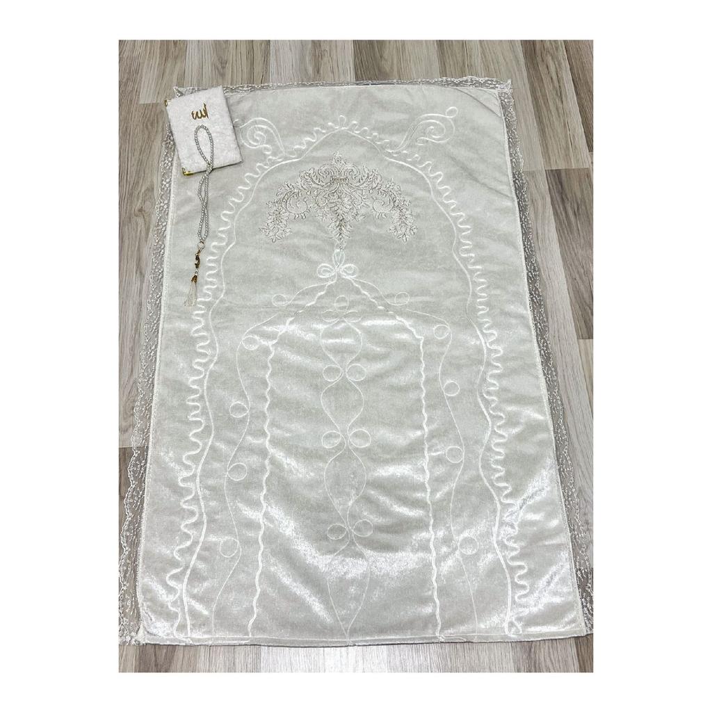 French Laced 3 Piece Embroidered Velvet Dowry Bridal Set Prayer Rug