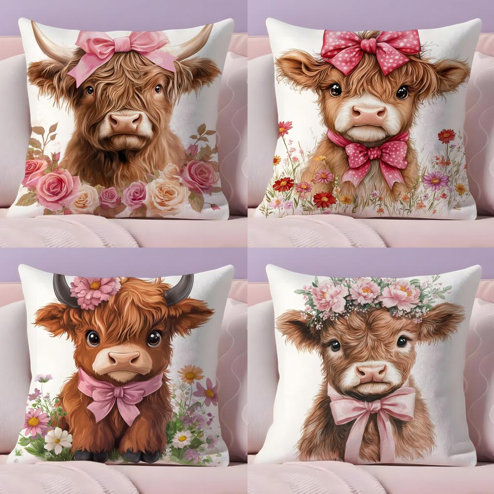 Highland cow and flower Cushion Cover Natural Linen Organic Fabric DoubleSided Printing Sofa Home Decor Gift Pillow Cover