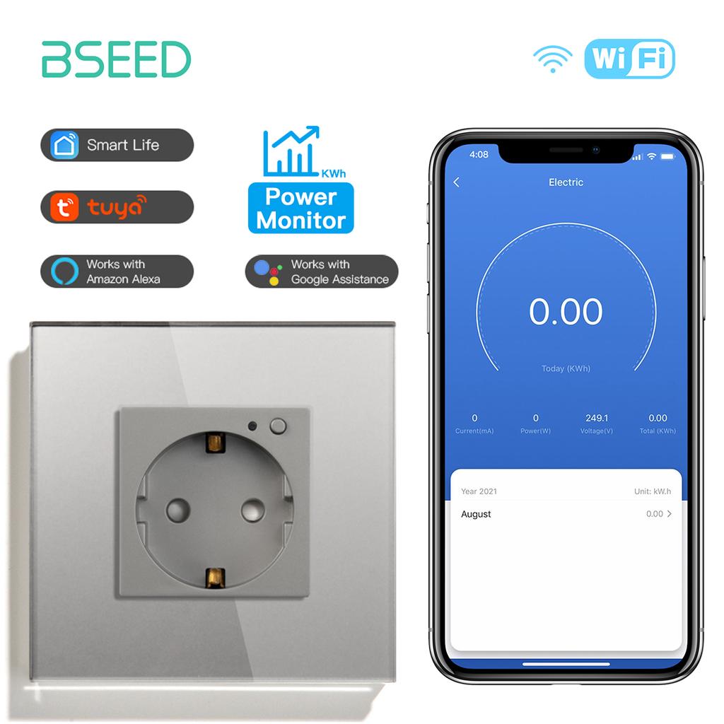 BSEED Wifi Sockets EU Wall Socket Smart Tuya Electric Sockets Power Monitor Google Smart Life Alexa Voice Control Glass Panel
