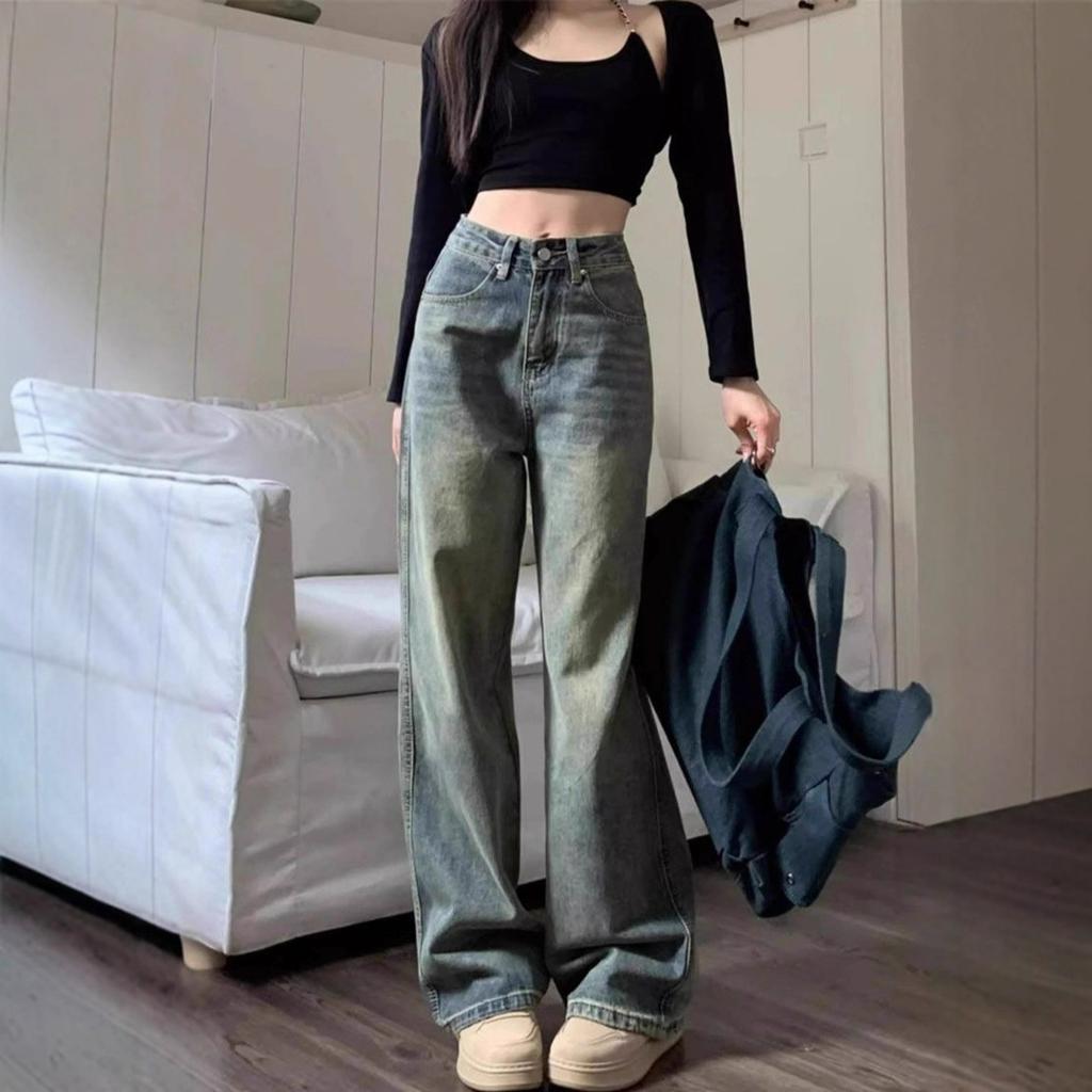 High-waisted Straight Jeans Women Spring and Autumn Vintage Loose Casual Dragging Skinny Broad-legged Long Trousers Jeans for Women Long Denim Pants