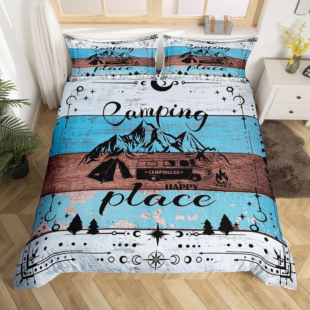 Hand Painted Mountain Decor Duvet Cover Set Queen King Size Happy Camping Kids Bedding For Boys Girls 3 Pcs With 2 Pillowcases