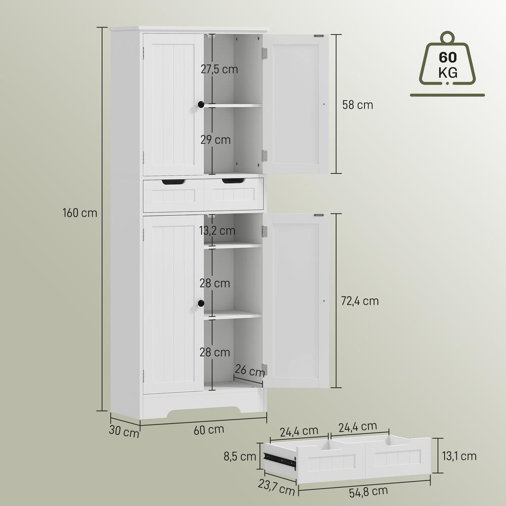 Bathroom Cabinet, Drawer, 4 Doors, 60 x 30 x 160 cm, White