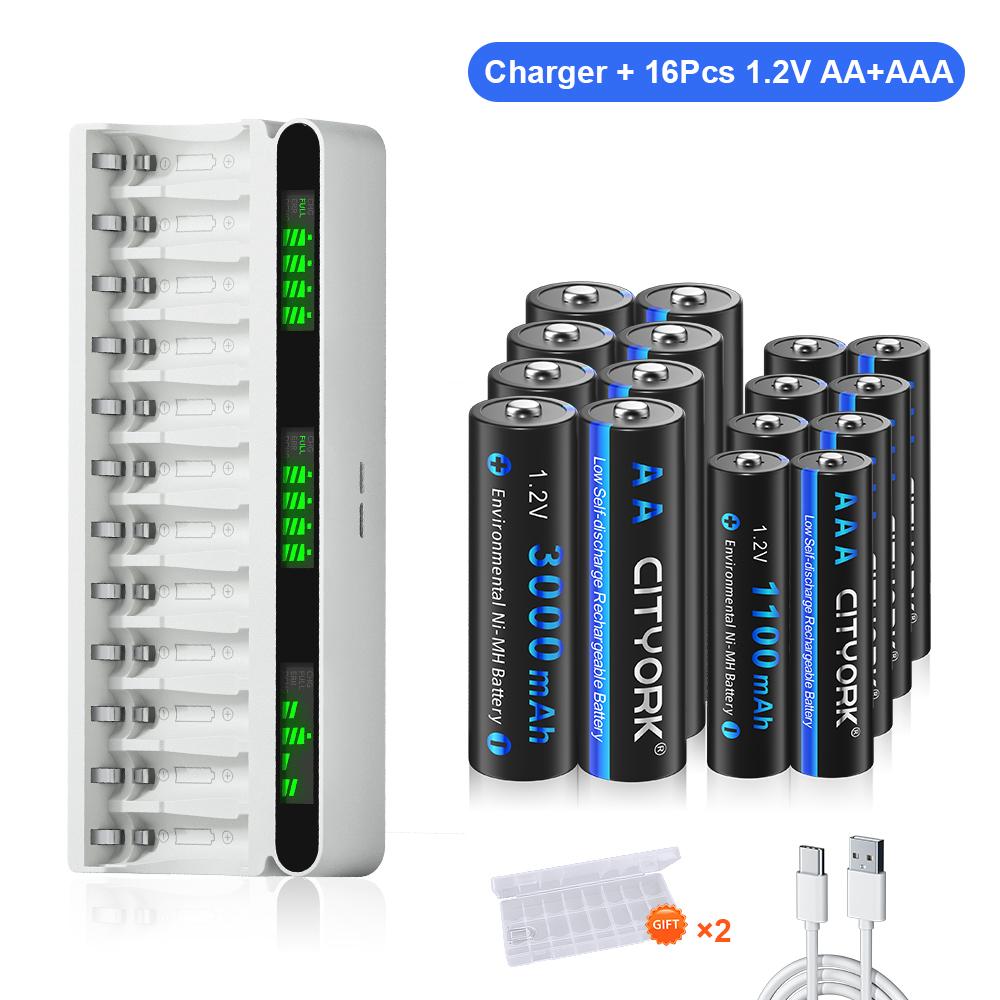 Charger and Battery Combo Kit 12 Slot Smart LCD USB/Type-C Hybrid 1.2V Battery Charger + 1.2V AA/AAA NiMH Rechargeable Battery