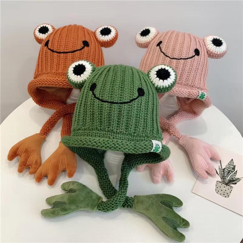 New Arrival Custom Knitted Baby Beanie Funny Frog Acrylic Beanies Hat for Kids Outside Travel