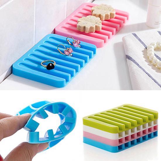 Silicone Dish Flexible Bathroom Soap Storage Holder Soapbox Plate Tray Drain