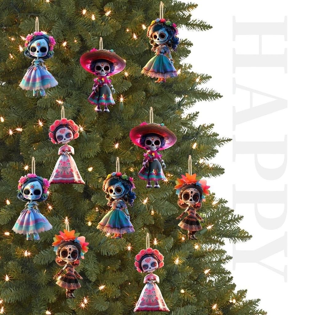 Halloween Decorations 10PCS Gothic Punk Acrylic Flat Ornaments Christmas Party Skeleton Bat Black Cat Pendant