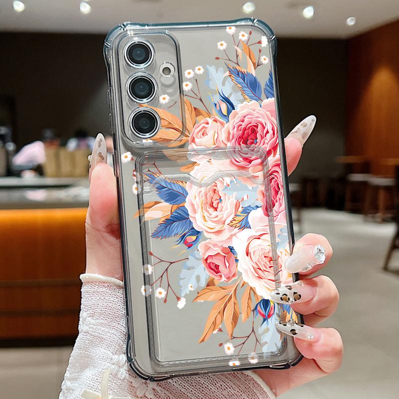 Роскошный узор из роз, мягкий силиконовый чехол для телефона Samsung S24 FE S23 S22 Ultra A16 A15 A55 A35 A54 A34, противоударный прозрачный чехол-бампер со слотом для карт