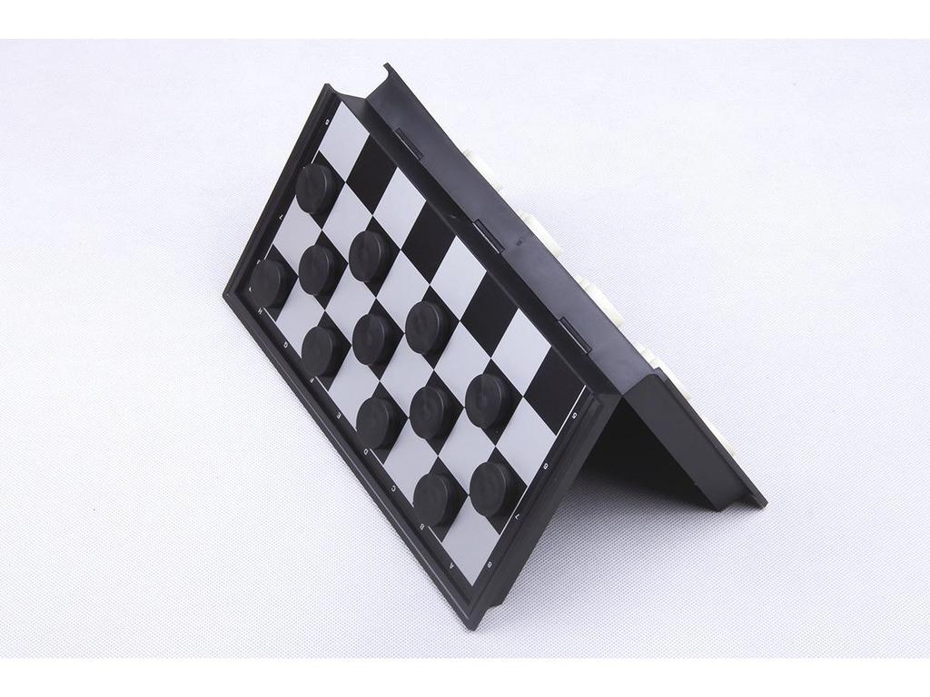 Magnetic Folding International Checkers & Chessboard: 100 Squares, Black & White, 64-Piece Set.