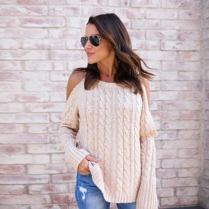 Casual Solid Knit Sweater Ladies V Neck Crew Neck Warm Daily Long Sleeve Blouse