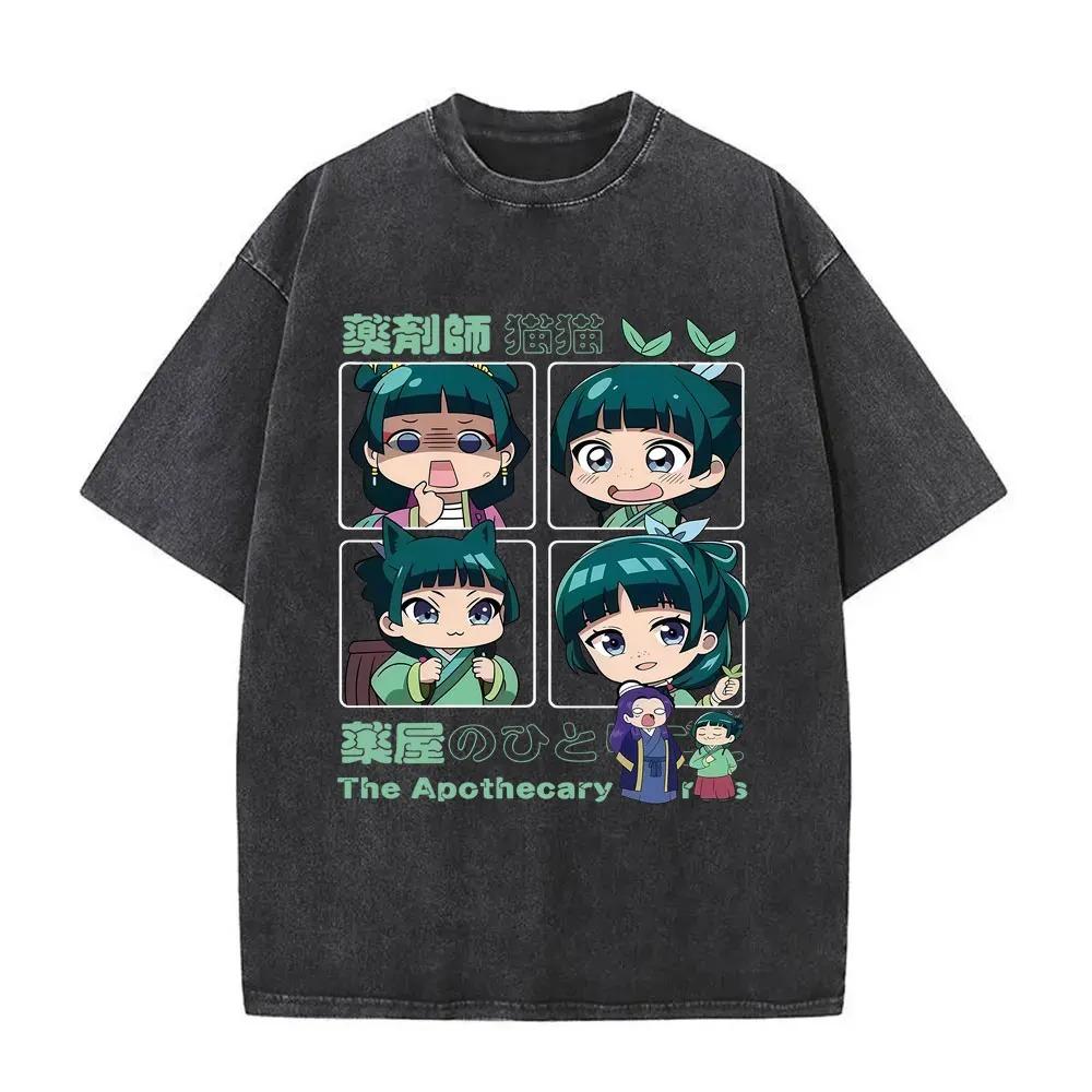 Ретро Выцветший Черный Дневники Аптекаря Милый Чиби Маомао Четырехпанельные Выражения Аниме Свободная Повседневная Хлопковая Футболка Оверсайз