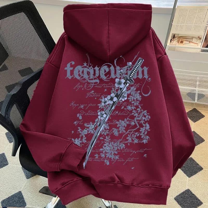 Мужская винтажная толстовка с принтом вишневого цвета и мечом, с начесом, свободного кроя, модная осенне-зимняя куртка