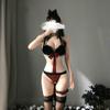 Сексуальное нижнее белье Униформа Соблазн На шее Трехточечный Слитный Плюшевый Персонаж Девушка-кошка Трусики + Комплект черных чулок