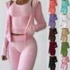 Women's Fashion Solid Color Hooded Jacket Vest Top Pants Casual Three Piece Set