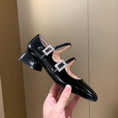 Женские туфли-лодочки с двойной пряжкой, новинка весны 2025 года, лакированная кожа, туфли на высоком каблуке для платья, квадратный каблук, толстый каблук, бриллиантовые одинарные туфли