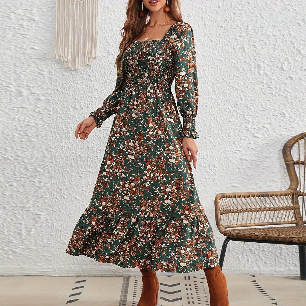 Женское платье с цветочным принтом, квадратным вырезом, длинными рукавами и оборкой по низу