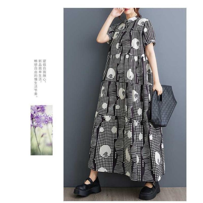 Короткий рукав свободного покроя плюс размер модный принт утягивающее платье средней длины