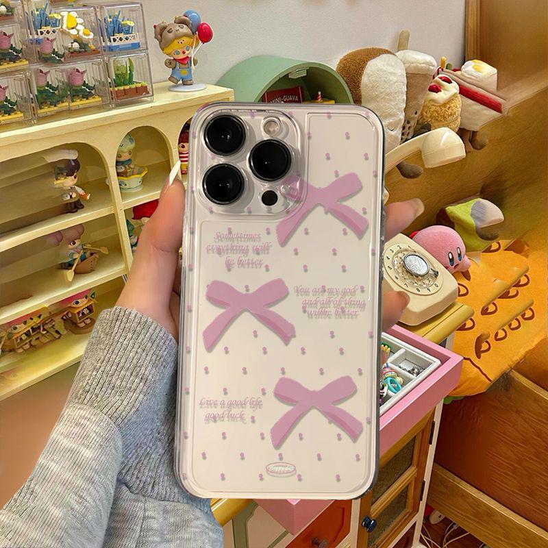 Transparent Polka Dot Pink Bow Phone Case for Apple 16 Pro Max, 14, 15, 16, 12