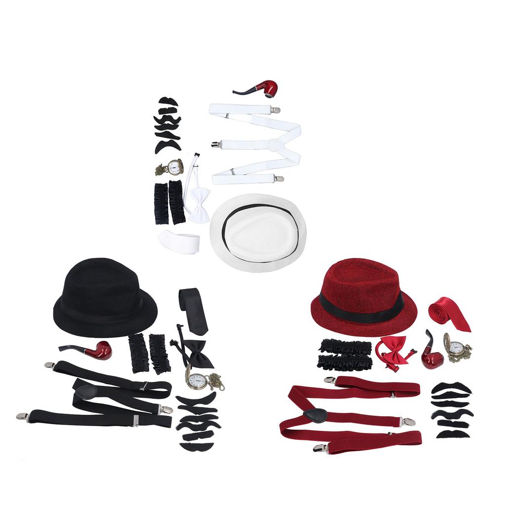 8 Pieces 1920s Grandpa Old Man Costumes Set with Suspenders Hat Watch Pipe Bow Tie Glasses Beard Kid