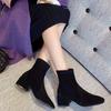 Suede Boots Women Short Boots 2025 New Autumn and Winter Thick Heel Medium Heel Slim Boots Black Plus Velvet Women's Boots