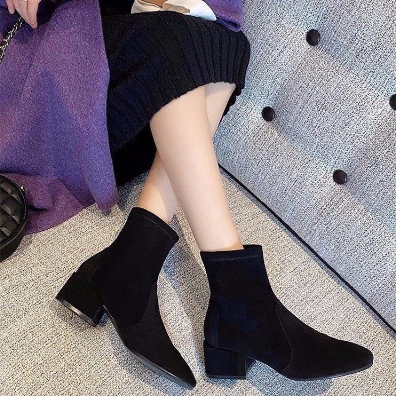 Suede Boots Women Short Boots 2025 New Autumn and Winter Thick Heel Medium Heel Slim Boots Black Plus Velvet Women's Boots