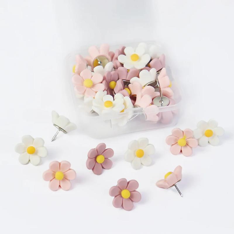 20pcs Floral Pushpins - Decorative Resin Flower Thumbtacks For Photo Walls & Office Supplies
