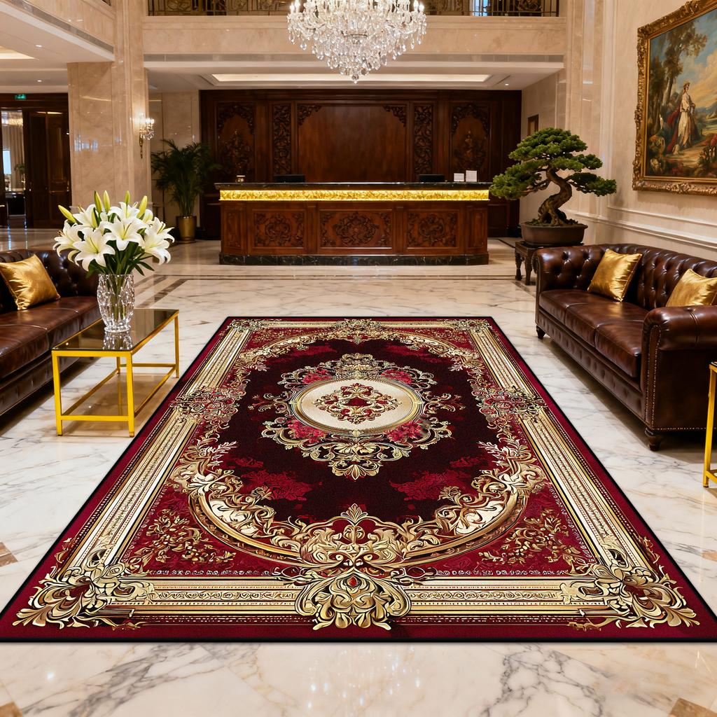 European Luxury Red Gold Easy Clean Carpet for Living Room Decoration Bedroom Bedside Fluffy Rug Large Area Non-slip Floor Mats