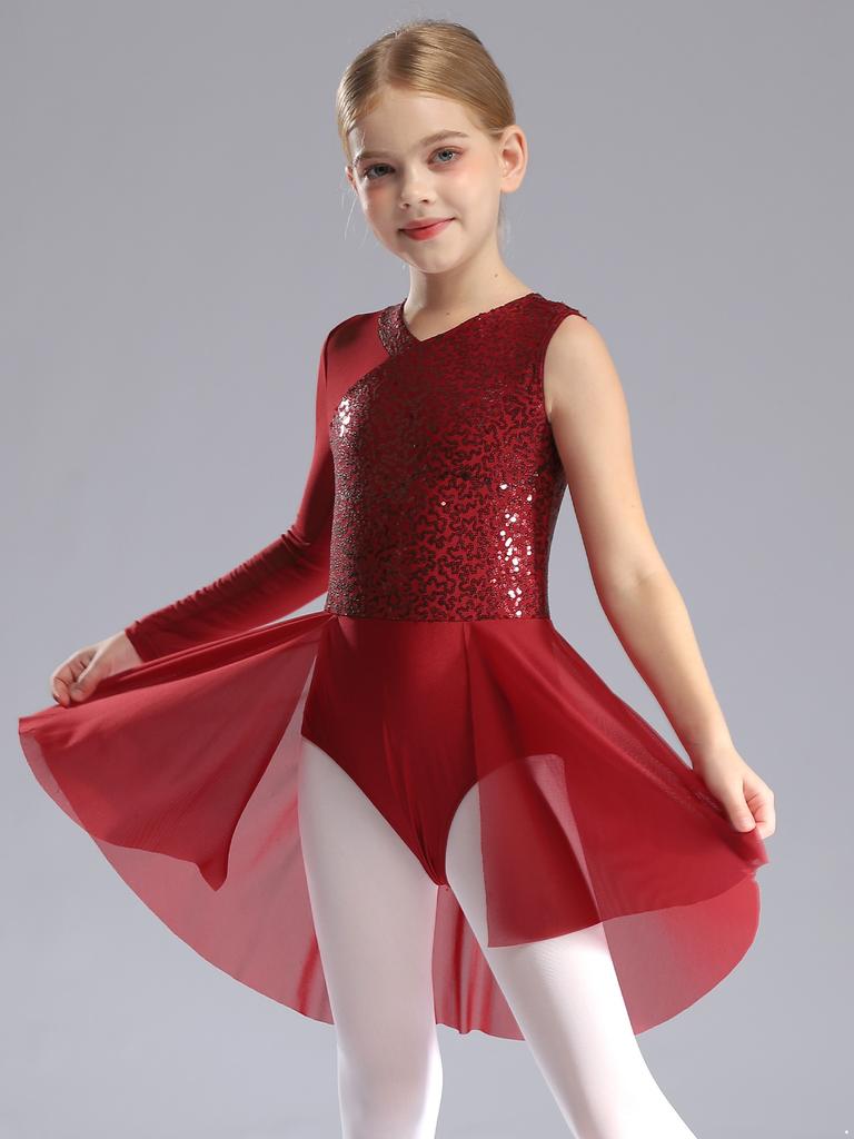 Kids Girls LJazz Dancewear Yrical Skating Dance Dress One Shoulder Asymmetrical Sleeve Shiny Sequins Ballet Ballroom Dance Skirted Leotard