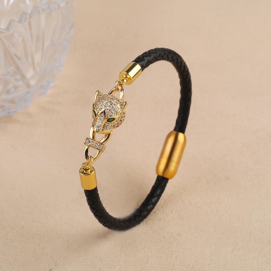 Bully Animal Style Leopard Head Braided Leather Rope Bracelet Fashion for Man Woman Stainless Steel Zirconia Zircon Daily Wear