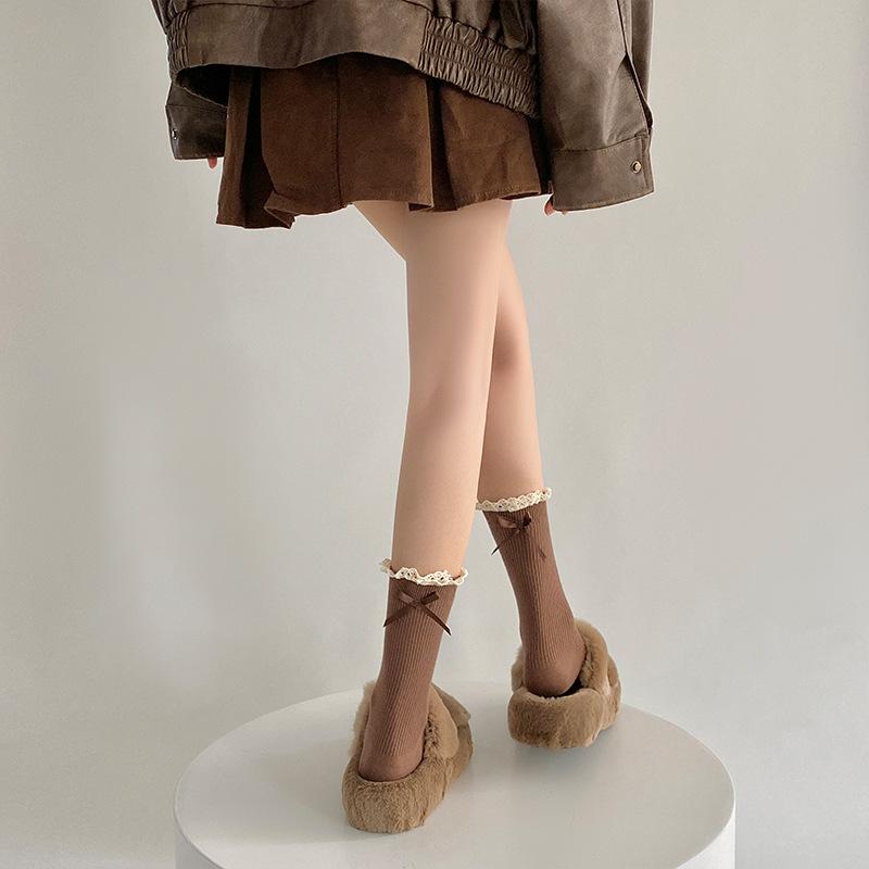 Кружевные носки, Милые гольфы до середины икры с лентами-бантами в стиле Лолита, Белые махровые длинные гольфы, Ретро