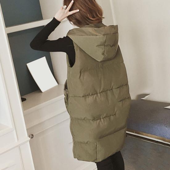 Женский пуховый жилет со стоячим воротником, толстый капюшон, без рукавов, длинное пальто, стеганая куртка-пуховик на молнии.