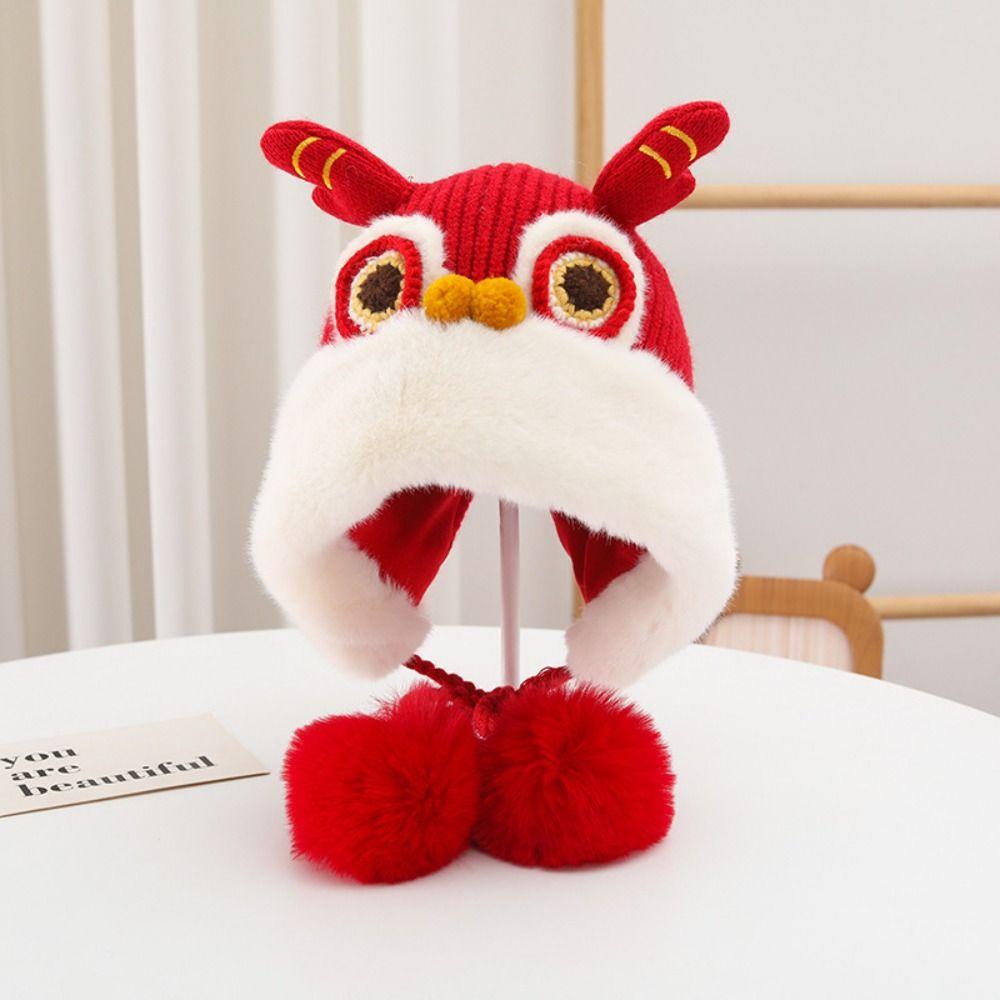 Hairball New Year Lion Cap Embroidery Cap Kids Beanie Cap Unique Children Fleece Hat Ear Protector