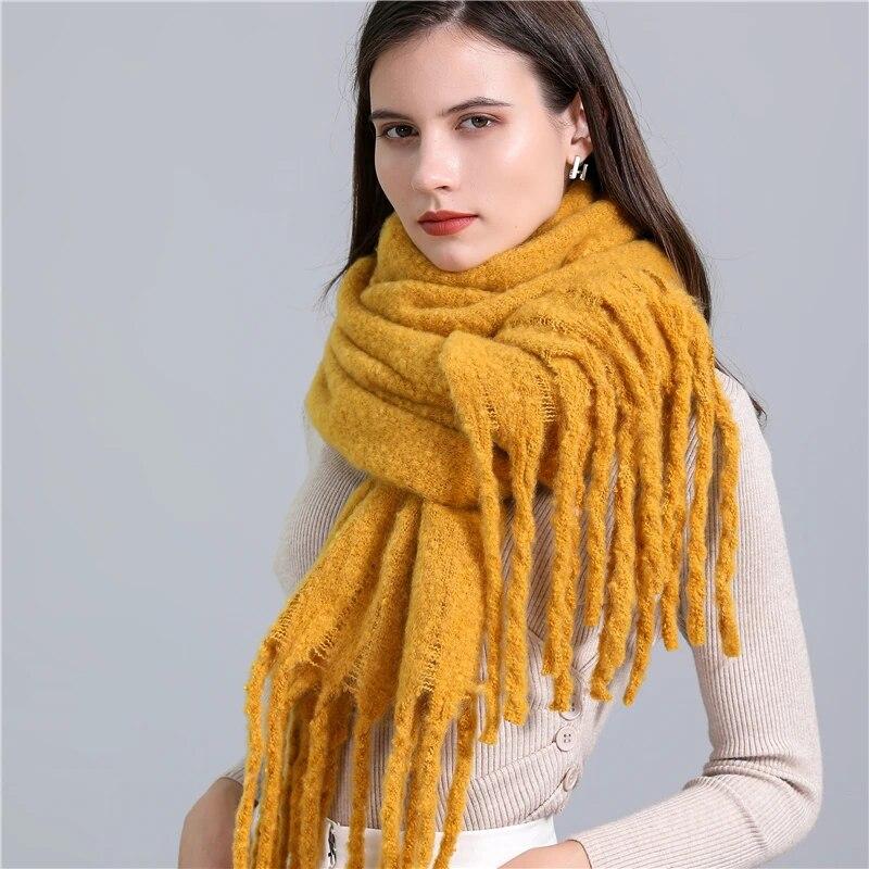 Winter Scarf Women Luxury Mohair Scarf Cashmere Warm Pashmina Solid Female Scarves Wraps Thick Soft Bufanda Big Tassels Shawl Long Stole Scarf