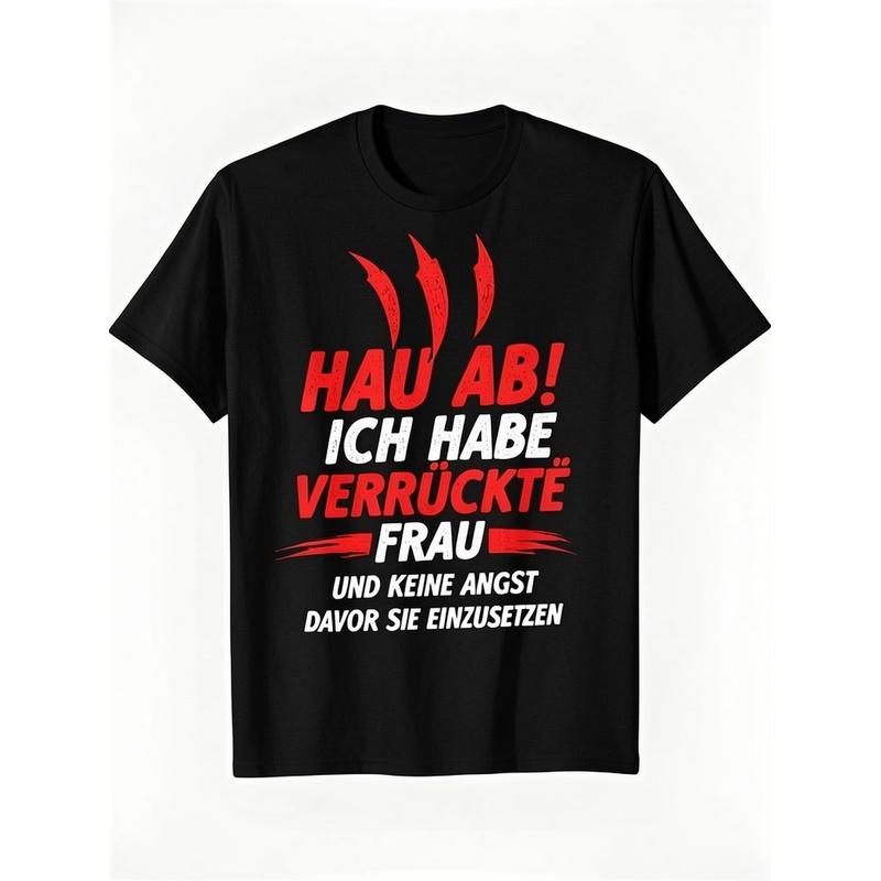 Bold German Phrase T-Shirt For Couples - Hau Ab! Ich Habe Eine Verrckte Frau With Edgy Red And White Design Playful Typography & Claw Marks - Casual