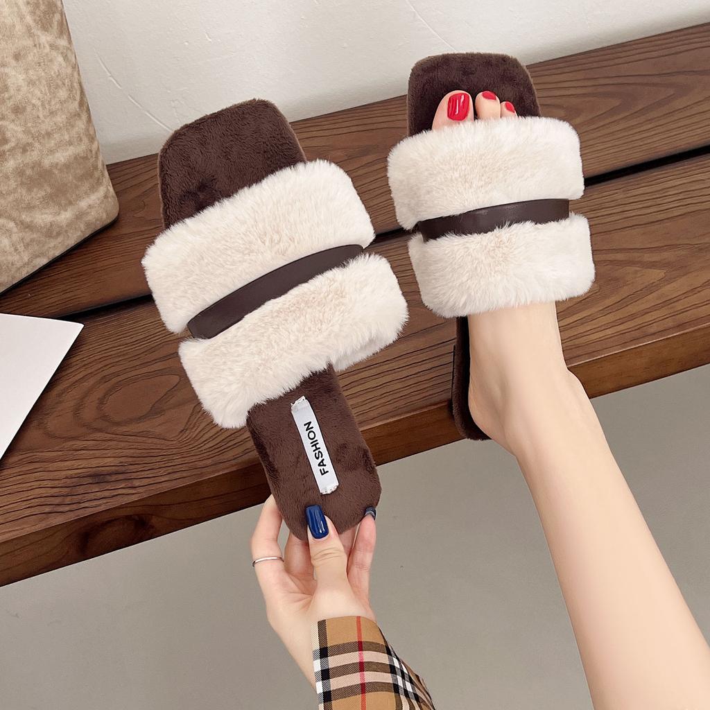 2025 Autumn and Winter New Flat-bottomed Fish Mouth Fashionable and Comfortable Foreign Trade Large Size Lazy Foot Fluffy Slippers Women