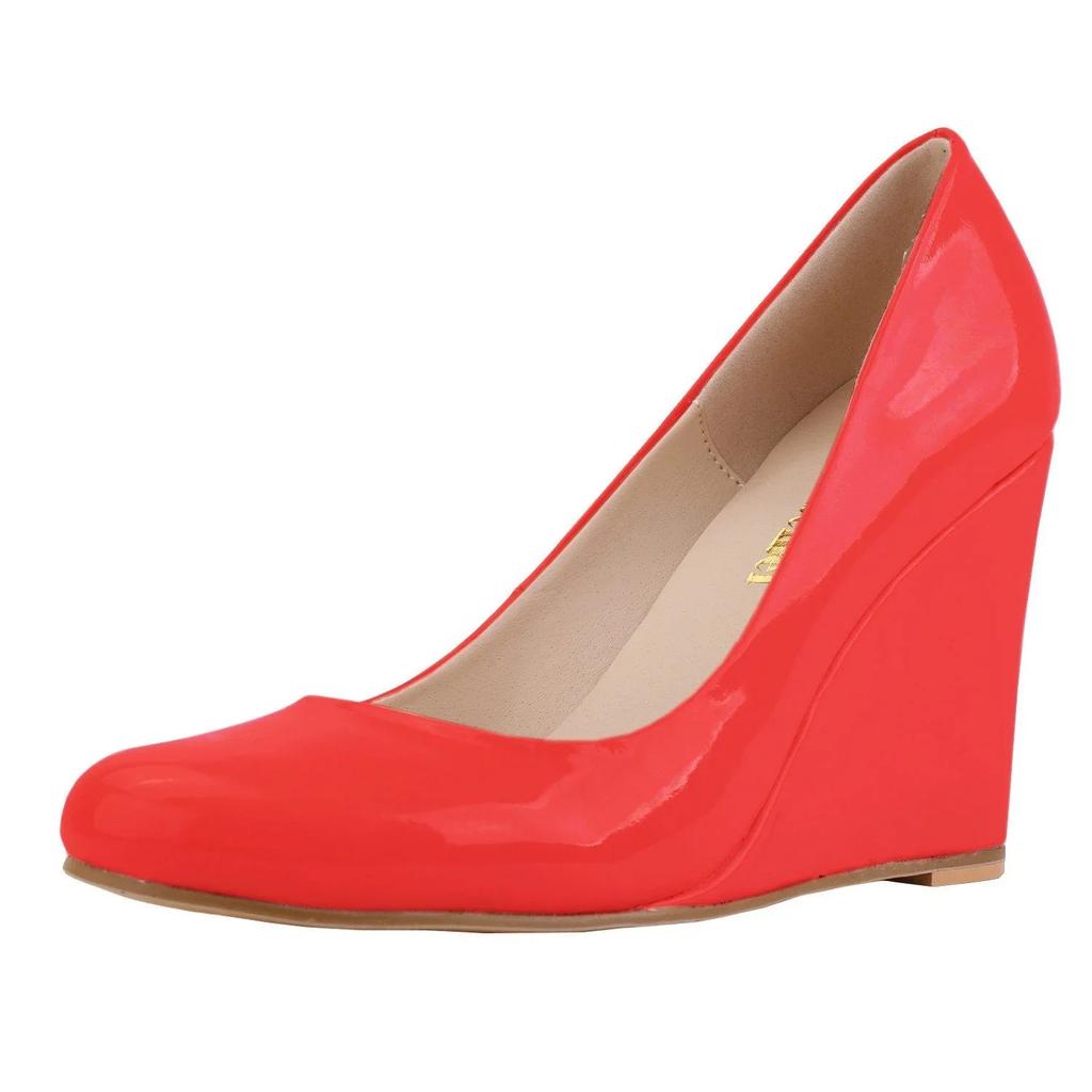 Women Wedge Pumps Autumn Pointed Toe Shallow Patent Leather High Heels Female Red Black Party Dress Wedding Shoes Large Size