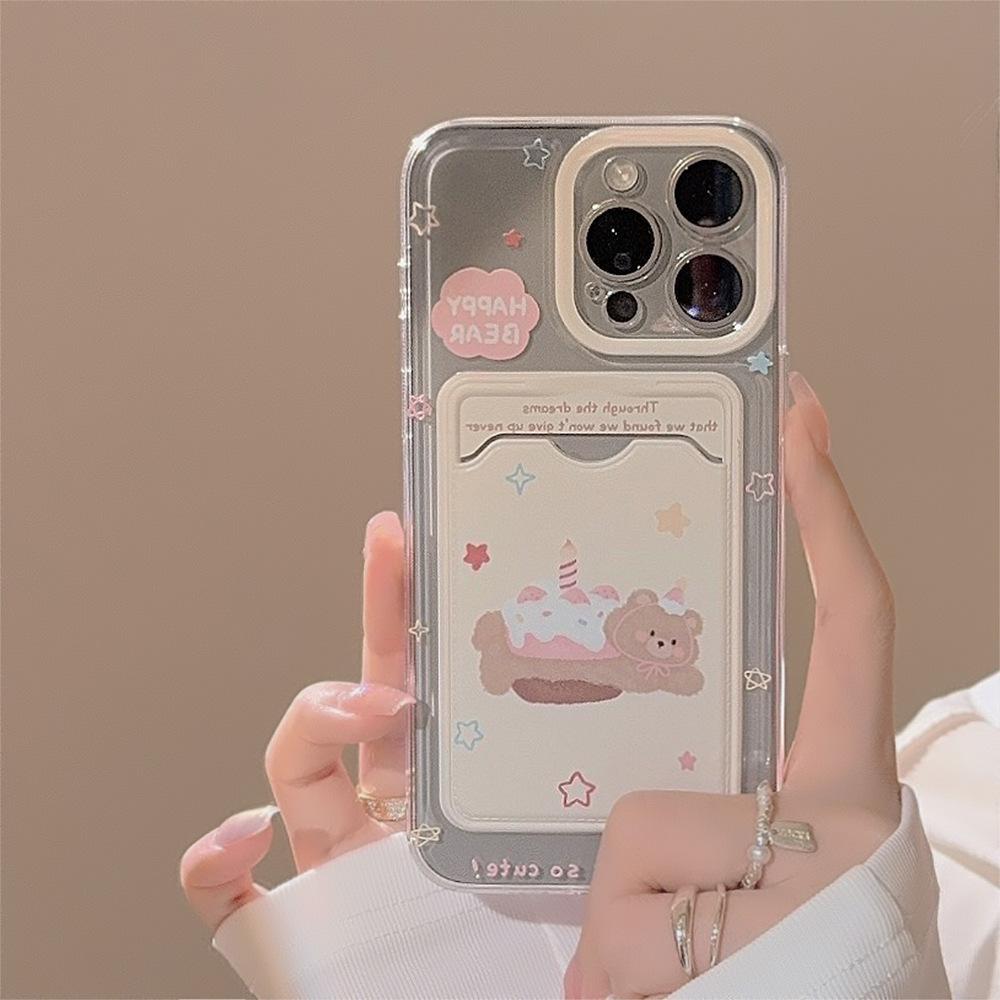 Korean Style Bear Cake Card Bag Suitable for Apple 15promax Mobile Phone Case IPhone 14 Transparent Full Package