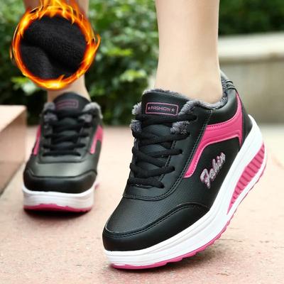 Осень и Зима Плюс Бархат Раскачивающиеся Ботинки Зимняя Обувь Женские На высоком каблуке Толстая подошва Высокие берцы Толстые хлопковые ботинки Повседневная спортивная хлопковая обувь