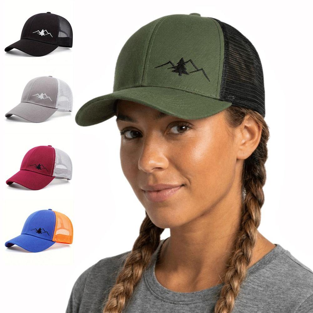Mountain Embroidery Mesh Cap Adjustable Fit Sun Shading Hat Breathable Hat Unisex Wear