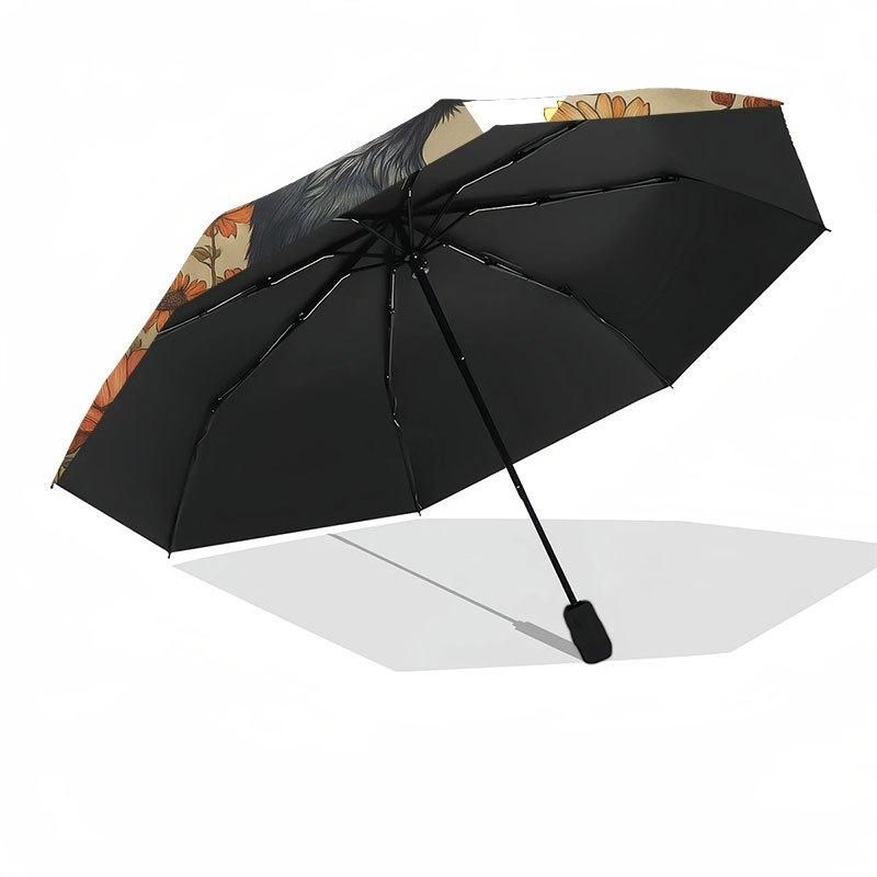 Raven & Floral Garden Wall Art: Nature's Symphony in Every Detail Umbrella, Cute Umbrella with Cute Design, Portable 3-Fold Compact Umbrella for Men &