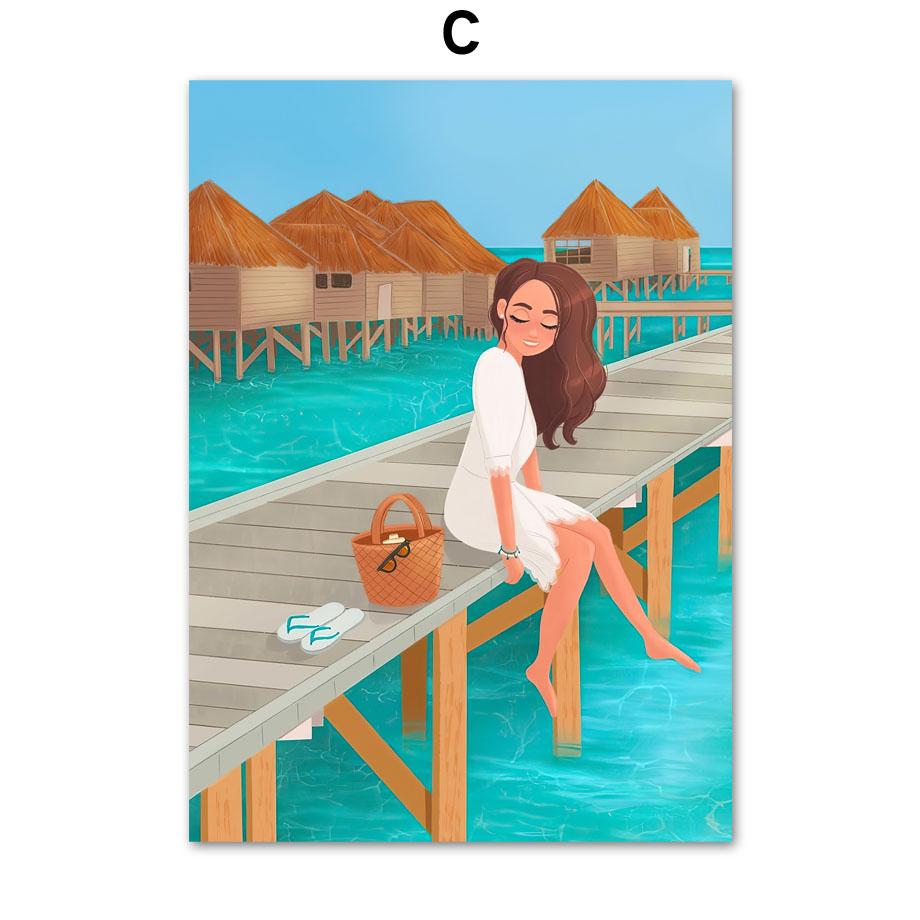 Поза дерева для йоги, скандинавский постер, Мальдивы, шляпа от солнца для серфинга, пляжная девушка, настенная живопись, холст, картина, домашний декор, фотографии для гостиной