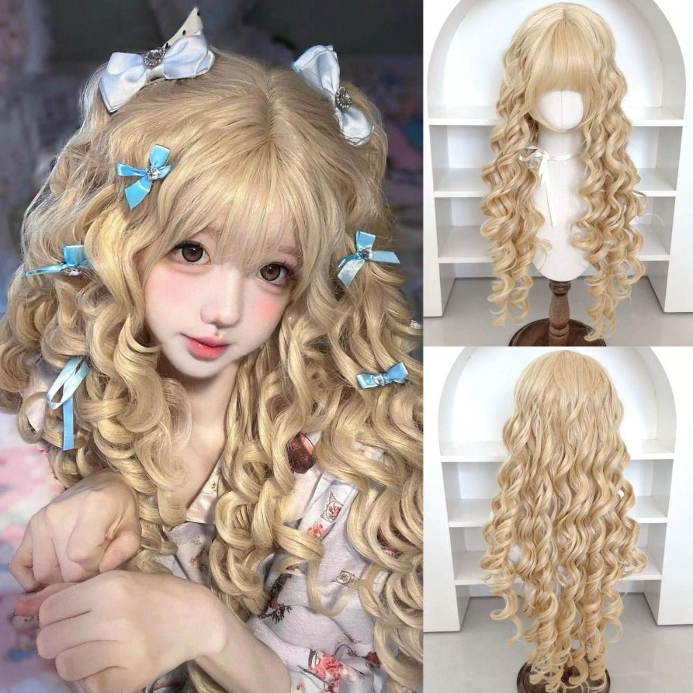 Harajuku Long Blonde Cosplay Wig 28inch Lolita Wig with Bangs Princess Curly Wavy Wig Carnival