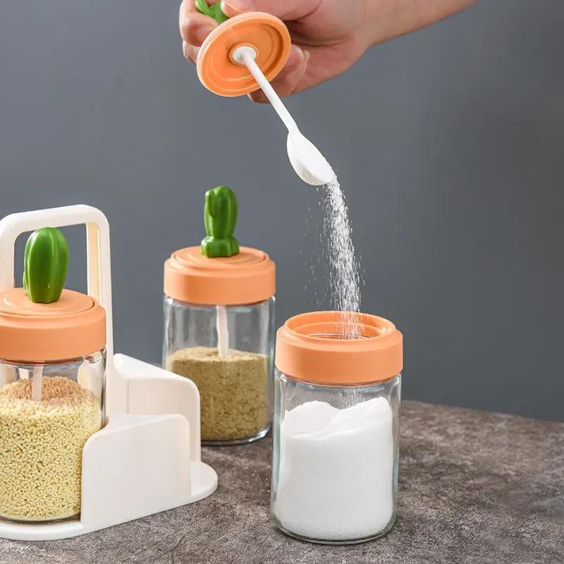 4 шт. стеклянных банок для приправ в виде кактуса, горшочек для приправ с ложкой, банки для специй, контейнеры для сахара, соли, перца, кухонные канистры, горшки