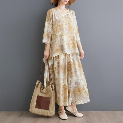 Комплект из двух предметов размера плюс, женская одежда, элегантный женский топ с принтом Vinatge, льняные свободные брюки, женский летний костюм