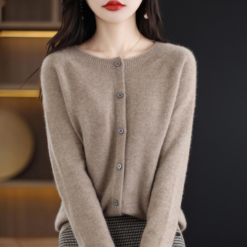 Knitted Cardigan Women's Spring and Autumn Simple Loose Sweater Coat Round-neck Long-sleeved Casual Sweater Cardigan